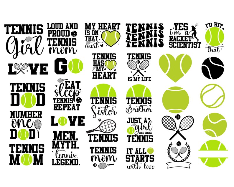 May include: A collection of black and green tennis-themed SVG cut files. The designs include phrases like "Tennis Girl", "Tennis Mom", "Tennis Sister", "Tennis Brother", "Tennis Dad", "Just a Girl Who Loves Tennis", "It All Starts With Love", "I'm a Racket Scientist", and "I'd Hit That".
