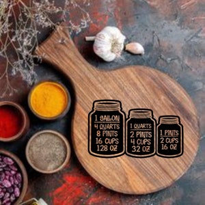 May include: Three black mason jar-shaped signs with white text on a wooden cutting board. The signs show the measurements for 1 gallon, 1 quart, and 1 pint in ounces, cups, pints, and quarts.