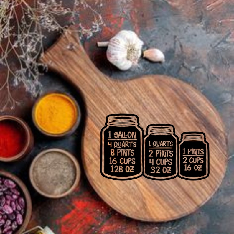 May include: Three black mason jar-shaped signs with white text on a wooden cutting board. The signs show the measurements for 1 gallon, 1 quart, and 1 pint in ounces, cups, pints, and quarts.