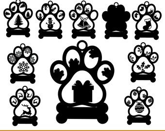 Pacchetto SVG ornamenti zampa di cane, decorazione albero di Natale zampa di animale domestico, ornamento Lightburn cane, stampa piede cane, zampa animale SVG, Glowforge, Cricut