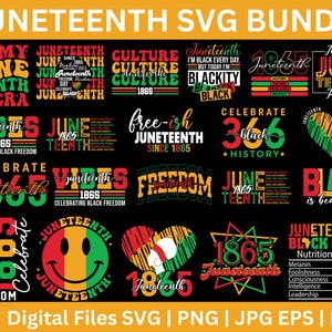 May include: A digital download bundle of 20 SVG files featuring Juneteenth designs. The designs include text, graphics, and illustrations in red, green, black, and yellow colours. The text includes phrases like "Juneteenth", "Celebrate Black Freedom", "Black is Beautiful", and "Free-ish Juneteenth".