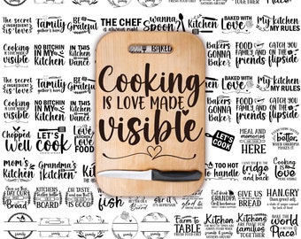 May include: A collection of 30 kitchen-themed SVG cut files featuring various sayings and designs. The designs include phrases like "Cooking is love made visible", "Family gathers here", "The chef is always right", and "Mom's kitchen opens 24 hours".