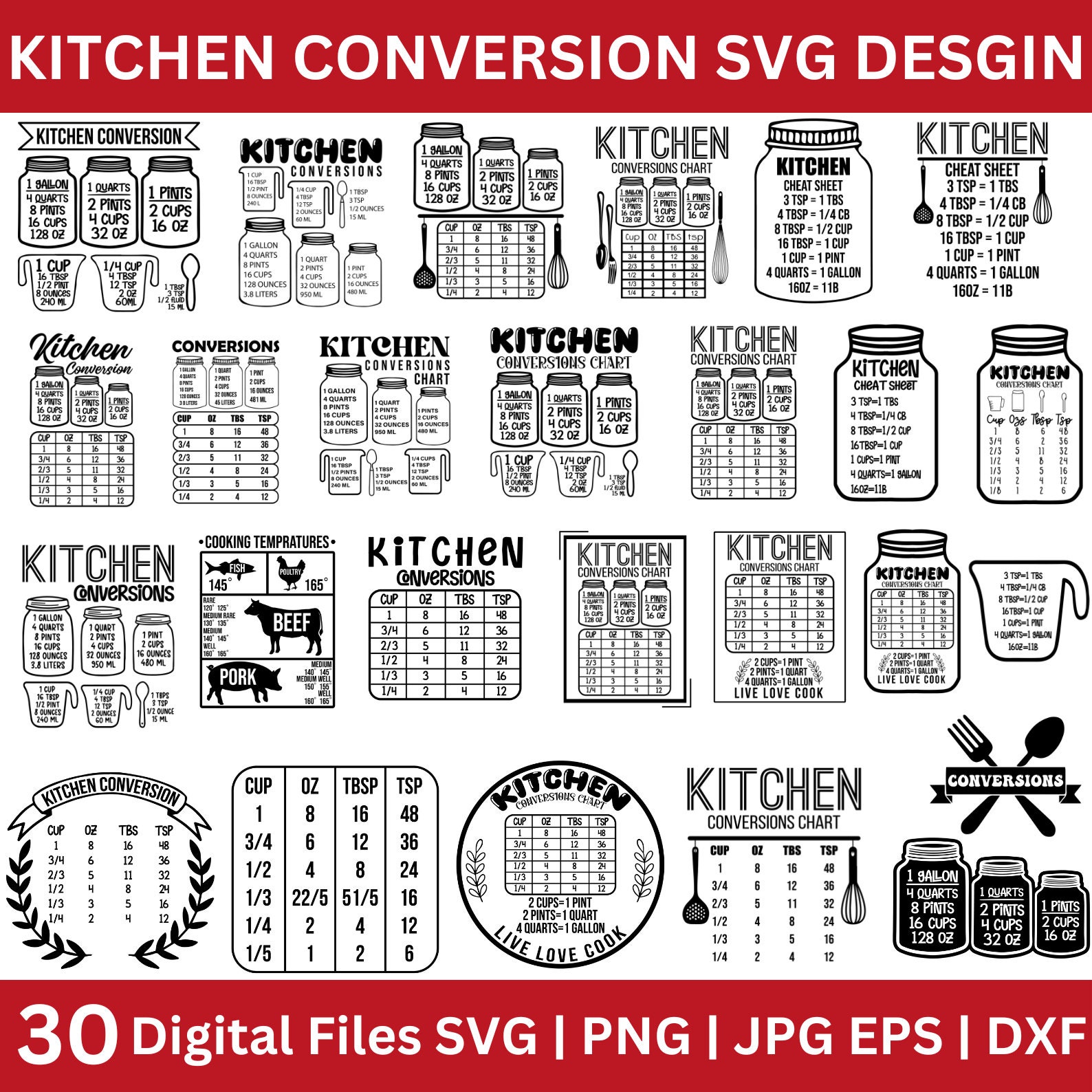 Kitchen Conversion Chart Svg, Decorative Kitchen Conversion ,Kitchen Measurement Conversions Chart SVG, Kitchen Sign Svg, Cut File Cricut