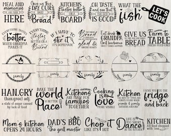 May include: A set of 30 digital files for cutting boards featuring various kitchen-themed quotes and sayings. The designs include phrases like "Give us this day our daily bread", "Kitchens are made for families", and "Mom's kitchen opens 24 hours".