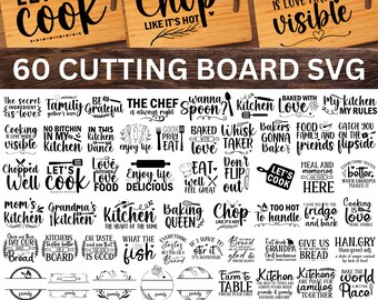 May include: A set of 60 black and white SVG cutting board designs with various kitchen-themed quotes and sayings. The designs feature phrases like "Let's Cook", "Chop it Like it's Hot", "Kitchen Love", "Baking Queen", and "Mom's Kitchen Opens 24 Hours".