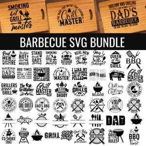 May include: A collection of barbecue-themed SVG designs. The image features wooden cutting boards with text like "Smoking Hot Grill Master" and various circular logos with grilling-related phrases and graphics, all in black.