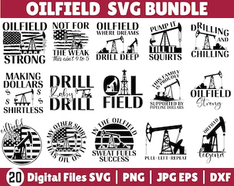 May include: A digital SVG bundle with 20 files featuring oilfield-themed designs. The designs include oil derricks, American flags, and phrases like "Oilfield Strong" and "Drill Baby Drill." The bundle includes SVG, PNG, JPG, EPS, and DXF file formats.