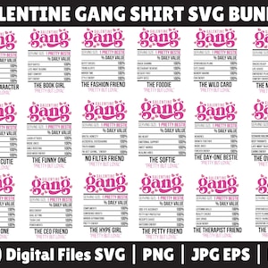 Może przedstawiać: Cyfrowy pakiet SVG z 20 wzorami w temacie "Galentine Gang". Każdy projekt ma różowo-białą kolorystykę, z tekstem przypominającym etykiety wartości odżywczych. Projekty zawierają frazy takie jak "The Main Character" i "The Book Girl".