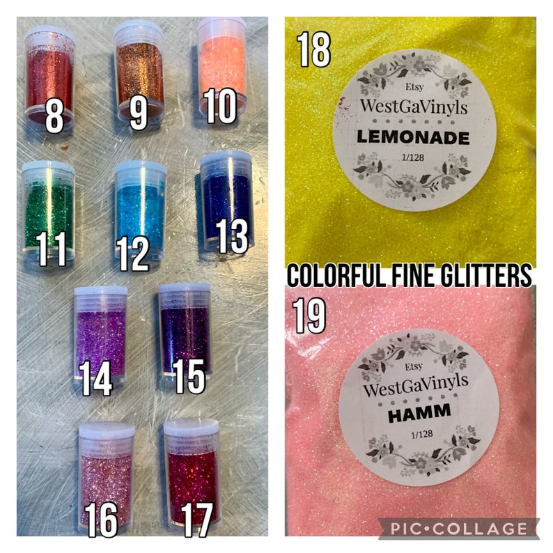 May include: Assortment of fine glitter in various colors, including red, green, blue, purple, pink, and orange. The glitter is packaged in small jars and labeled with numbers 8 through 17. Two larger bags of glitter are labeled "LEMONADE 1/128" and "HAMM 1/128". The bags are labeled with the Etsy shop name "WestGaVinyls".