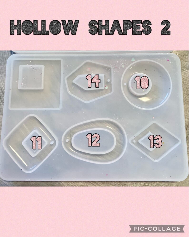 May include: A clear silicone mold with six different hollow shapes for crafting. The shapes are numbered 10 through 14. The mold is on a pink background.