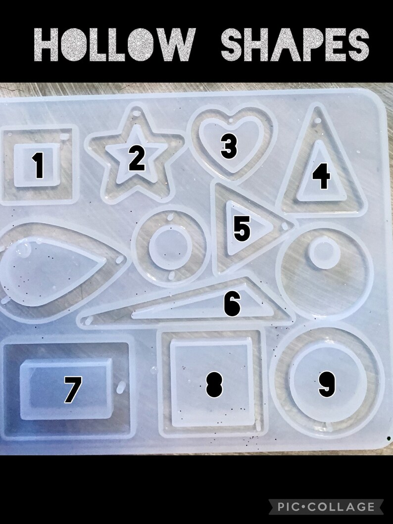 May include: A clear silicone mold with nine different hollow shapes, numbered 1 through 9. The shapes include a square, star, heart, triangle, teardrop, circle, rectangle, and two more circles.