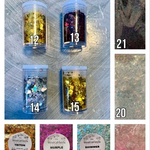 May include: A collage of 19 small jars filled with chunky glitter. The jars are labeled with numbers 12 through 21 and 16 through 19. The glitter is in various colors, including gold, silver, red, pink, and blue.
