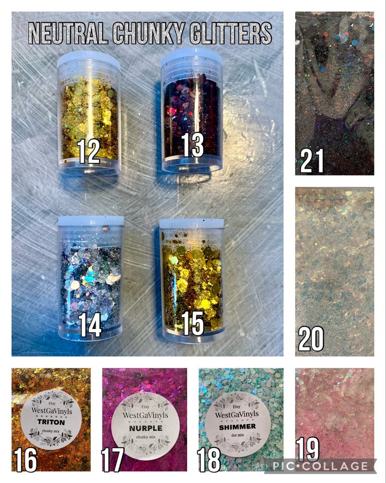 May include: A collage of 19 small jars filled with chunky glitter. The jars are labeled with numbers 12 through 21 and 16 through 19. The glitter is in various colors, including gold, silver, red, pink, and blue.