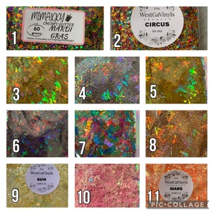 May include: A collage of 11 images showcasing different types of chunky glitter, including a Mardi Gras theme, a circus theme, and a sun and mars theme. Each image features a small bag of glitter with a label indicating the theme and weight.
