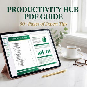 May include: A tablet displaying a PDF guide titled "Productivity Hub" with expert tips. The screen shows a table of contents and charts. A gold pen, a white coffee cup, and tortoiseshell glasses are on the table.