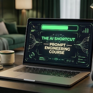 May include: A laptop screen shows "THE AI SHORTCUT - PROMPT ENGINEERING COURSE" with a futuristic green interface. A coffee cup, notebooks, headphones, and a succulent plant sit on the desk. The scene is set in a room with green decor.
