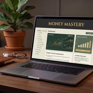 May include: A laptop displaying a financial dashboard with the text "MONEY MASTERY." A leather-bound notebook, eyeglasses, and a potted plant sit on a wooden desk. A lamp provides soft lighting.