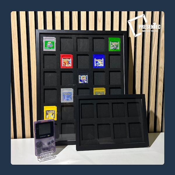 Wooden case display for 8-30 Gameboy games, including games like Pokemon.