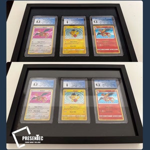 May include: Six Pokemon trading cards are displayed in a black frame with a clear glass front. The cards are graded 8.5, 9, and 9.5. The cards feature the Pokemon characters Pikachu, Charizard, and Blastoise. The frame has the text "MUSEUMSGLAS UV-SCHUTZGLAS ENTSPIEGELT" and "STANDARD ECHTGLAS" on it.
