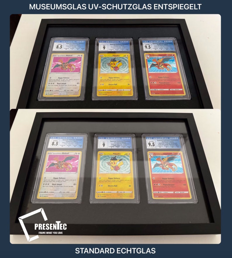 May include: Six Pokemon trading cards are displayed in a black frame with a clear glass front. The cards are graded 8.5, 9, and 9.5. The cards feature the Pokemon characters Pikachu, Charizard, and Blastoise. The frame has the text "MUSEUMSGLAS UV-SCHUTZGLAS ENTSPIEGELT" and "STANDARD ECHTGLAS" on it.