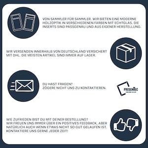 May include: A graphic with text in German about a company that sells modern wood inserts for collectors. The graphic also includes icons for shipping, customer service, feedback, and a logo for the company.