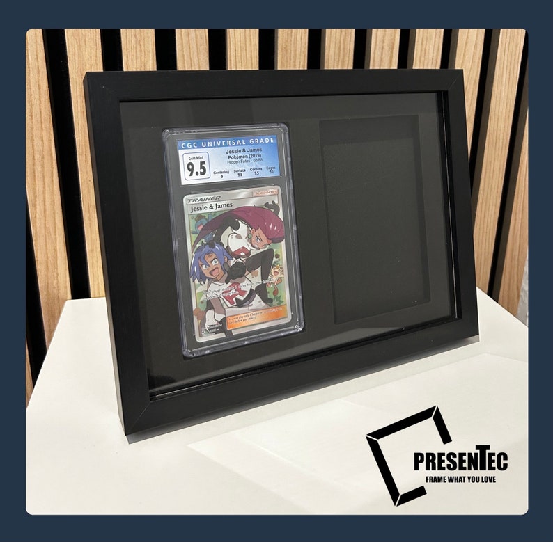 May include: A black frame with a clear acrylic front displays a graded Pokemon trading card featuring Jessie and James from the anime. The card is graded 9.5 by CGC Universal Grade. The frame has a black mat and a second opening for another card.