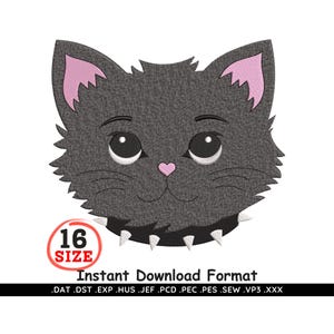 May include: A digital embroidery design of a stylized cat face. The cat is gray with pink inner ears and a pink heart-shaped nose. It wears a black collar with white spikes. The image includes the text "16 SIZE" and "INSTANT DOWNLOAD FORMAT".