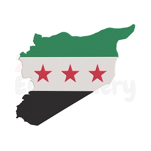 May include: An outline of the country of Syria in the shape of the country's flag. The flag is green, white, and black with three red stars in the center.