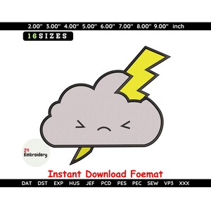 Puede incluir: Ilustración de dibujos animados de una nube gris con un rayo amarillo. La nube tiene una cara triste. La imagen incluye el texto "Instant Download Foemat" y "16 tamaños".