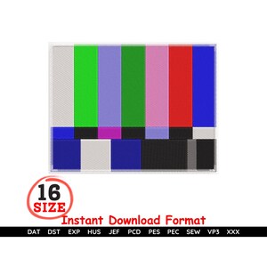 May include: Embroidered patch featuring a colorful test pattern design with vertical bars in green, pink, red, and blue. The patch includes the text "16 SIZE" and "Instant Download Format".
