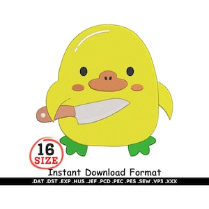 May include: A yellow cartoon duck with a knife, featuring a brown beak, black eyes, and green feet. The image includes the text "16 SIZE" in a red circle and "INSTANT DOWNLOAD FORMAT" below.