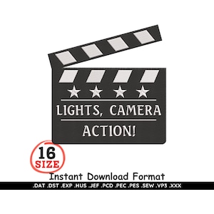 Clapper Board Embroidery Design, Movie Film Pattern, Lights Camera Action PES File Download