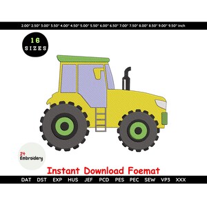 Op de afbeelding: Illustratie van een gele tractor met groene en grijze accenten. De tractor heeft grote wielen, een ladder en een schoorsteen. De afbeelding bevat de tekst "Instant Download Foemat" en "16 Sizes".
