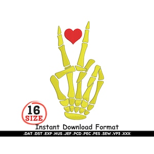 Könnte beinhalten: Eine gelbe Skeletthand, die eine Rock'n'Roll-Geste ausführt, mit einem roten Herz in der Mitte. Das Bild enthält den Text "16 SIZE" in einem roten Kreis und "INSTANT DOWNLOAD FORMAT" mit Dateierweiterungen.