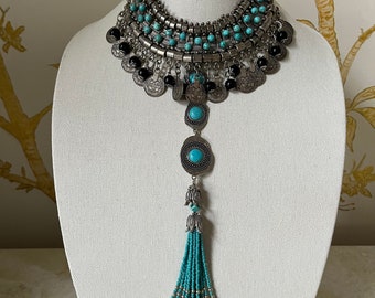 Stunning and Creative Turquoise, Silver, and Black Bead Necklace Set