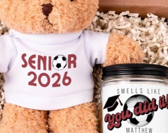 Set de regalo personalizado para graduados de fútbol 2026, Oso y vela de graduación personalizados, Regalo para jugador de fútbol, Caja de regalo para atleta de último año, Nombre personalizado