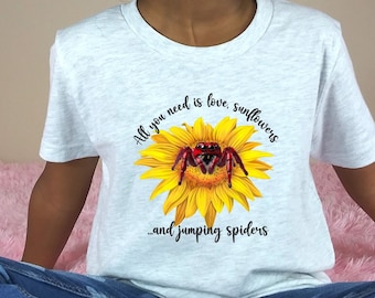 YOUTH SIZE Sunflowers and Jumping spiders, Jumping Spider, Spider Shirt, Jumping Spider tee, Cute Spider, Spider Lover Gift, Spood Lover Tee