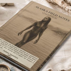 May include: A hardcover book titled Alaska Field Notes Qalupalik with a sepia-toned cover illustration of a humanoid figure emerging from water. The cover includes text describing the Qalupalik legend and the Jackson Expedition 1887.