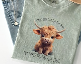Highland Cow COMFORT COLORS® Tee, Calm Baby Highland Coo Tee, Funny Highland Coo T-Shirt, Funny Cow Lover Gift, Scottish Coo Farm Fresh Tee