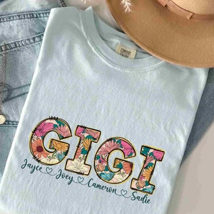 Personalized Gigi Shirt, Gigi with Kids Names Tee, Comfort Colors, Grandmother Gift,Mother&#39;s Day Gift,  Mom&#39;s Day Gifts, Floral Mimi TShirt
