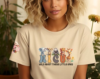 Cute NiCU T-shirt, Right Sleeve Print NICU tshirt, NiCU Squad Tee, NiCU Crew Shirt, Baby Animal NiCU Tee, NICU Work Tee,Safari NiCU Crew Tee