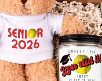 Softball Senior Gift Set 2026, Personalized Graduation Bear and Candle, Softball Player Gift, Senior Athlete Gift Box, Custom Name