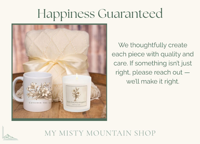 May include: A cream-colored blanket tied with a satin ribbon, a white mug with floral design and text "Consider the Lilies", and a lit candle with a label. The image includes the text "Happiness Guaranteed".