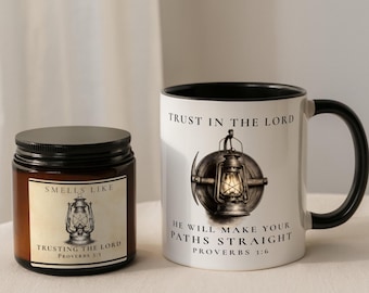 Christian Gift Set Proverbs 3:5-6 Mug and Candle | Trust in the Lord Gift | Faith Encouragement Gift for Men Women