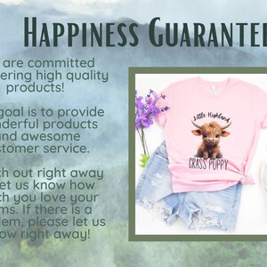 May include: Pink t-shirt featuring a graphic of a brown Highland cow with the text "Little Highland" and "Grass Puppy".
