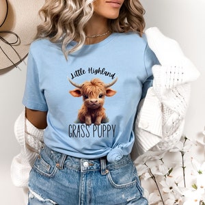 May include: A light blue t-shirt featuring a cartoon Highland cow with the text "Little Highland Grass Puppy".