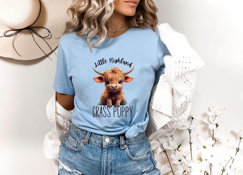 May include: A light blue t-shirt featuring a cartoon Highland cow with the text "Little Highland Grass Puppy".