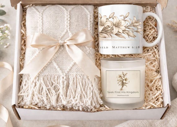 Christian Gift Set for Women | Bible Verse Mug and Candle Set | Matthew 6:28 Lilies of the Field | Faith Gift for Her
