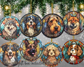 Personalized Dog Breed Porcelain Ornament w Gift Box, Stained Glass-Look Custom Pet, Dog Christmas ornament, Memorial Pet Gift