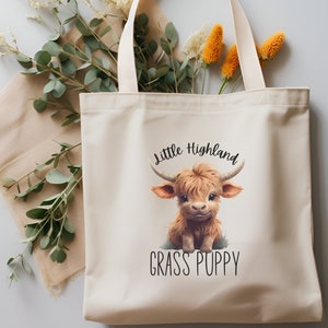Cute Highland Cow Tote, Grass Puppy Baby Highland Coo Tote Funny Highland Coo Tote, Funny Cow Lover Gift, Scottish Coo Farm Fresh Tote Bag